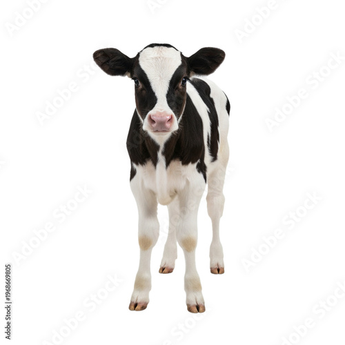 Curious Calf Portrait: A charming calf with striking black and white markings stands in full view, its innocent gaze captivating viewers.