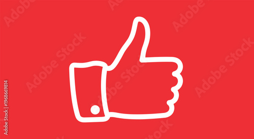 Simple white outline of a hand giving a thumbs-up gesture against a vibrant red background representing a like or approval icon for social media.