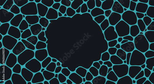 Abstract biological or microscopic pattern featuring organic cellular shapes in dark tones with a teal outline and a large central dark opening.
