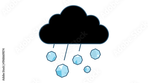 Scalable vector icon illustration of a dark storm cloud with falling blue hailstones, representing severe winter weather, hail storm, and meteorological conditions in a flat minimalist design.