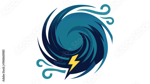 Powerful hurricane vortex vector illustration with a yellow lightning bolt, stylized storm icon for weather forecasting, cyclone symbol, climate change concept, AI-generated flat graphic design.