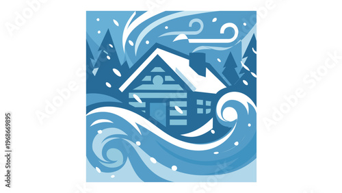 Vector illustration of a cozy log cabin nestled in a fierce winter blizzard with swirling wind and heavy snow. Minimalist flat icon design of a wooden house in a cold mountain forest landscape.