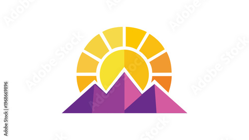 Vibrant sunrise over mountain peaks vector icon illustration. Geometric flat design featuring a bright yellow sun rising behind purple and pink mountain ranges. Minimalist nature landscape graphic.