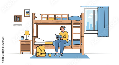 Student sitting on a bunk bed reading a book in a cozy dorm room