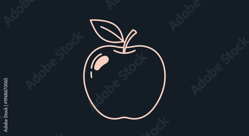 Minimalist outline of a whole apple with a stem and a single leaf depicted in a soft peach color against a dark navy blue background.