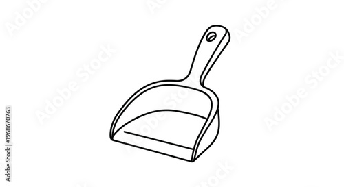 Simple black outline drawing of a plastic dustpan cleaning tool isolated on a white background for household and janitorial themes.