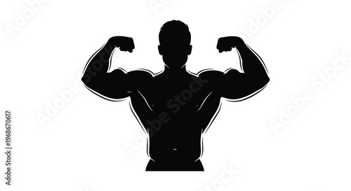 A powerfully built man displays his physique with flexed biceps showcasing strength and fitness in a stark silhouette high quality professional