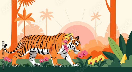 Majestic Tiger Walking Through Tropical Jungle With Flowers, Sunrise Background