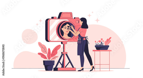 Makeup artist applying cosmetics to a model in a mirror, beauty concept