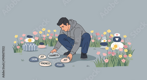 Man Arranging Positive Message Stones in a Floral Garden
