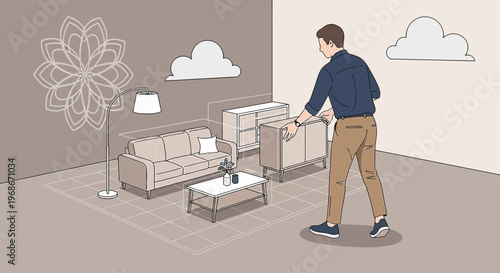 Man Arranging Furniture in Minimalist Living Room Sketch with Floral Decor