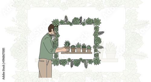 Man Arranging Succulent Plants in a Decorative Frame, Home Gardening Concept