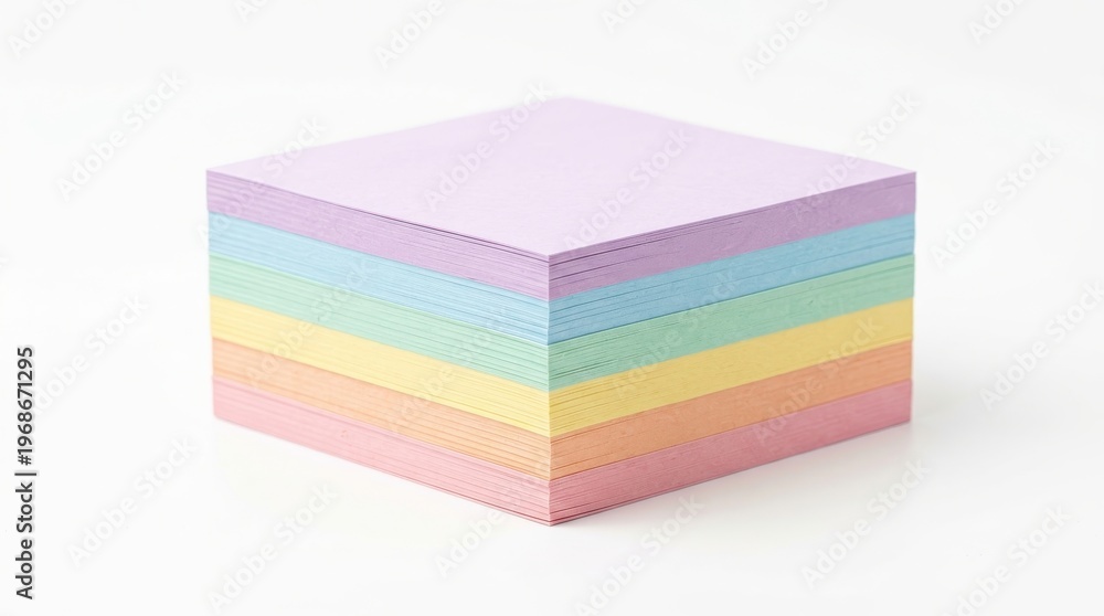 Fototapeta premium A neat stack of pastel-colored sticky notes sits on a clean white background, creating a soft, organized, and cheerful visual.