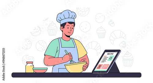 Man Baking Following Online Recipe on Tablet, Whisking Ingredients in Bowl