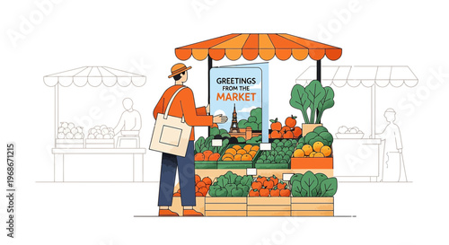 Man at Parisian Market Stall with Eiffel Tower Greeting Card
