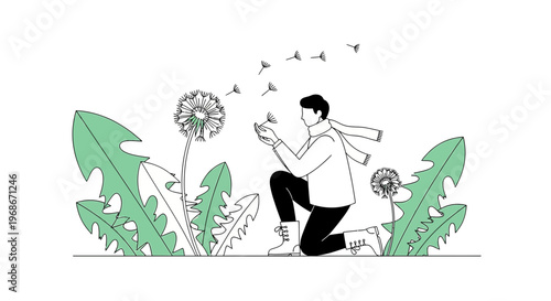 Man Blowing Dandelion Seeds, Hope, New Beginnings, Minimalist Illustration