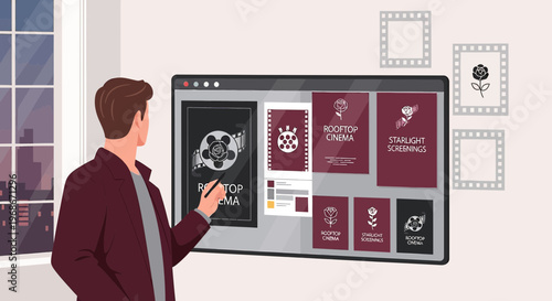 Man Browsing Rooftop Cinema Movie Posters on Digital Screen