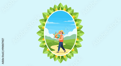 Man Carrying Flowers in Oval Nature Frame, Spring Walk, Sunny Day