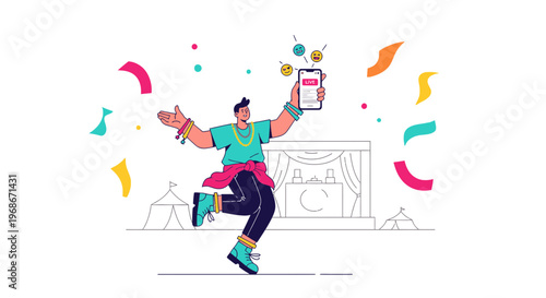 Man celebrating at festival with phone, confetti, and stage