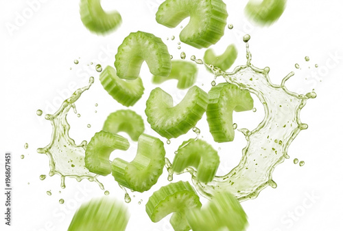 Celery Burst: Fresh celery pieces cascade in a dynamic splash of vibrant juice, capturing the essence of healthy eating and the freshness of natural ingredients. 