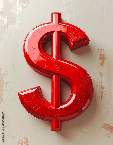 A vibrant, glossy, red dollar sign casts a subtle shadow against a textured, light-colored background