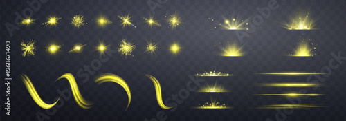 Gold lens flares set. Sun flash with rays or gold spotlight and bokeh. Yellow glow flare light effect. Isolated on transparent background. Vector illustration.