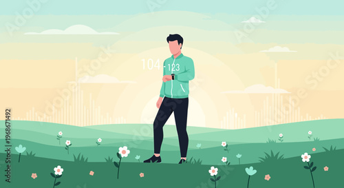 Man checking smartwatch in nature, sunrise, health tracking, outdoor activity