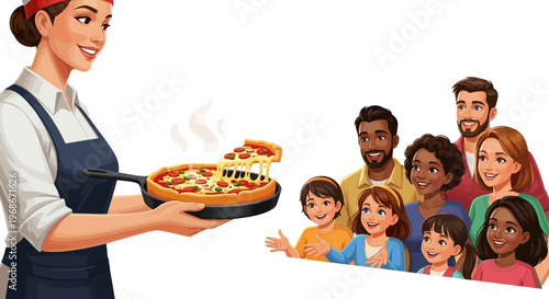 Vector illustration celebrating National Deep Dish Pizza Day, depicting a smiling woman holding a pan of pizza with a slice being lifted, presented to a diverse group of people in a bright
