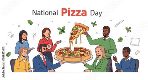 A diverse group of people celebrating National Pizza Day, depicted in a flat vector illustration, showing a man holding a deep-dish pizza while a woman takes a slice against a clean white