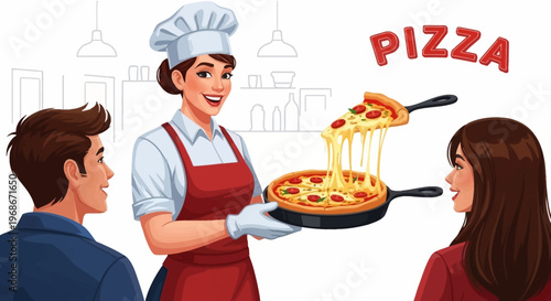 An illustration shows a woman chef in uniform holding a pan of deep dish pizza to celebrate National Pizza Day with a couple, designed with bright colors against a clean white background