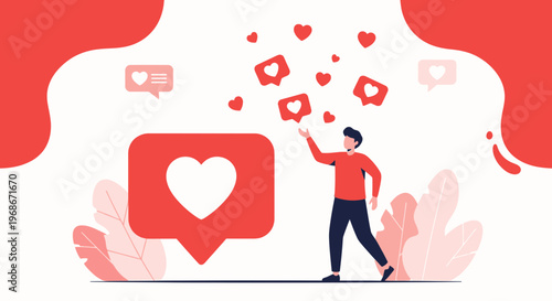 Man collecting social media likes and hearts, modern flat design concept