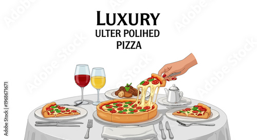 Vector illustration depicting a luxury pizza celebration, showing a hand lifting a cheesy slice from a deep-dish pizza on a table set with wine glasses and plates against a clean white