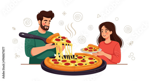 Illustrated scene of a man using a spatula to serve a slice of deep-dish pizza to a woman holding a plate during a National Deep Dish Pizza Day celebration, set against a clean white