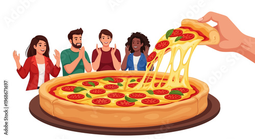On National Pizza Day, a hand pulls a cheesy slice from a deep-dish pizza in a vector illustration, while a group of diverse cartoon people celebrate with thumbs-up gestures against a clean
