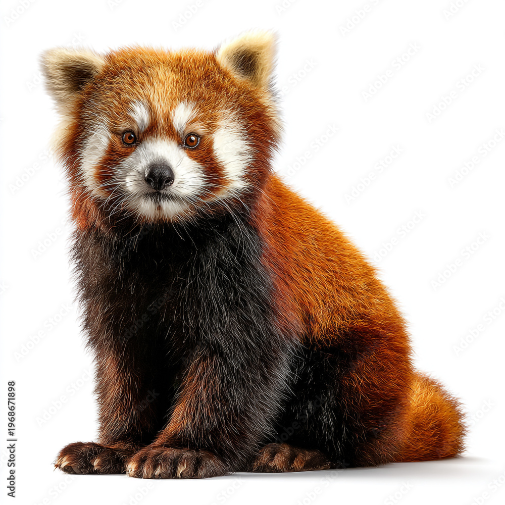Obraz premium A stunningly photorealistic red panda with vibrant orange fur and a bushy ringed tail, sitting curiously and isolated against a clean white studio background.