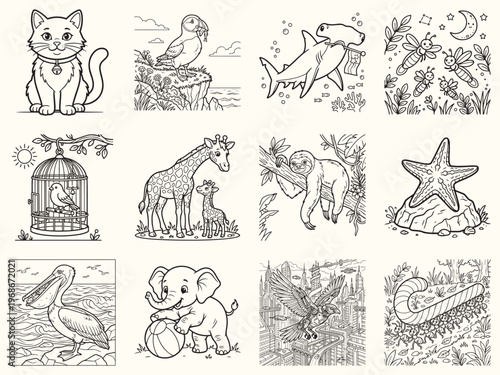 Cute puffin holding fish on rocky cliff by turbulent ocean waves vector line art coloring page for nature enthusiasts