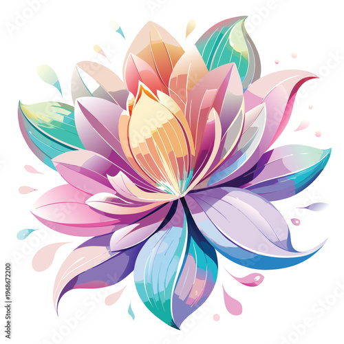 Stylized lotus flower with watercolor splashes with water lily with white background