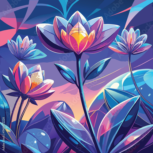 Surreal floral landscape with luminous lotus flowers with water lily with deep colors