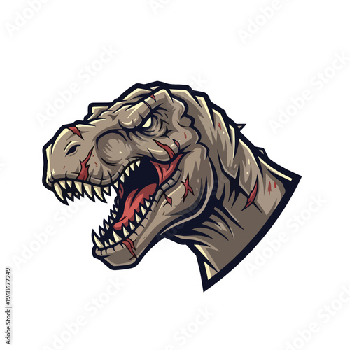A fierce, battle-scarred Tyrannosaurus Rex mascot illustration with sharp teeth and an aggressive expression, set against a clean white background for esports