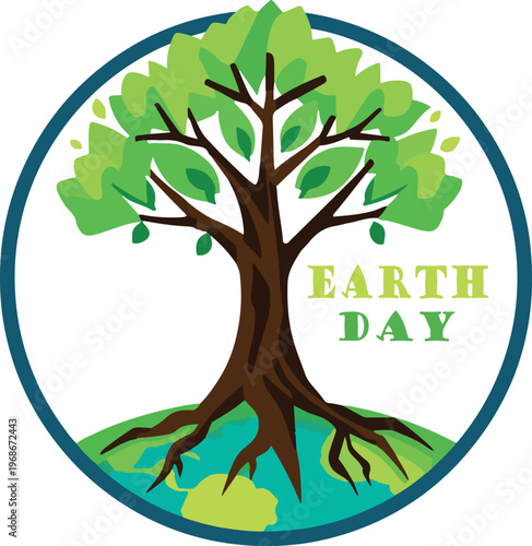 Vibrant Earth Day tree logo with globe roots and eco circular frame in green and blue tones