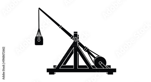 A stark black silhouette of a medieval trebuchet a siege engine used for hurling projectiles silhouette high quality professional detailed modern