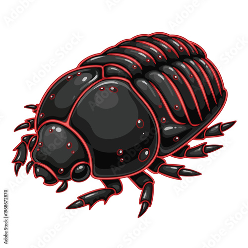 Detailed illustration of a black and red segmented trilobite beetle with many legs, isolated against a clean white background, showcasing its unique armored exoskeleton with glossy