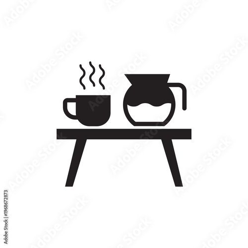 Solid glyph icon of a coffee pot and cups resting on an office table
