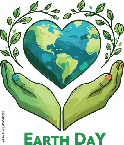 Hand drawn Earth Day logo with globe in heart held by caring hands in natural green blue tones