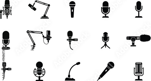 A collection of various microphone outlines representing audio recording equipment