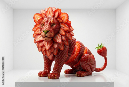 Strawberry Lion: A creative and vibrant sculpture of a majestic lion crafted entirely from fresh, ripe strawberries, evoking a sense of artistic wonder and culinary delight.