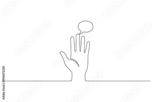 Raised hand continuous one line drawing minimalist style isolated outline illustration concept