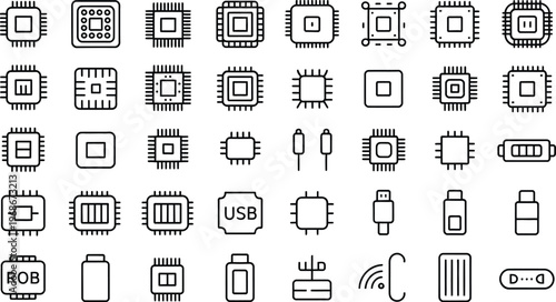 Electronic component line icons, microchips resistors capacitors circuit symbols, hardware engineering semiconductor technology digital circuit design concept, modern clean vector