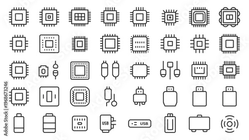 Electronic component line icons, microchips resistors capacitors circuit symbols, hardware engineering semiconductor technology digital circuit design concept, modern clean vector