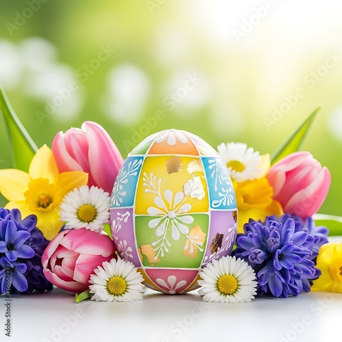 Easter Egg Surrounded by Colorful Spring Flowers.
